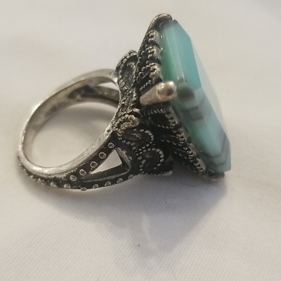 SILVER Art Deco Emerald Moonstone Ring 7.5 - Picture 4 of 10
